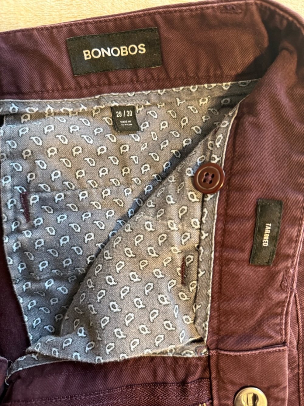 Men’s Bonobos Tailored Fit Burgundy Chinos Size 29x30 - Picture 4 of 4